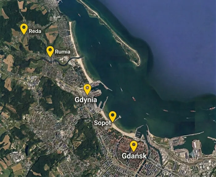 Mapa obszaru działania adicar — Trójmiasto, Gdynia, Gdańsk, Sopot, Reda, Rumia